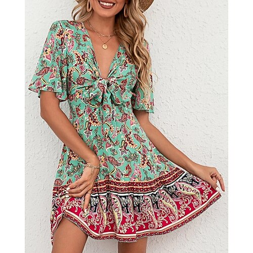 

Women's A Line Dress Short Mini Dress Green Half Sleeve Floral Print Color Block Ruched Print Spring Summer V Neck Elegant Casual 2022 S M L XL XXL 3XL