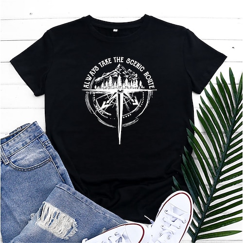 

Women's T shirt Graphic Letter Print Round Neck Basic Tops Green White Black
