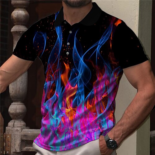 

Men's Collar Polo Shirt Golf Shirt Flame Turndown Blue 3D Print Casual Daily Short Sleeve Button-Down Print Clothing Apparel Fashion Designer Casual Breathable / Sports