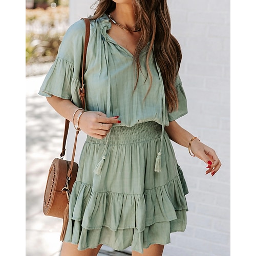 

Women's A Line Dress Short Mini Dress Green Blue Short Sleeve Solid Color Ruffle Summer V Neck Elegant 2022 S M L XL