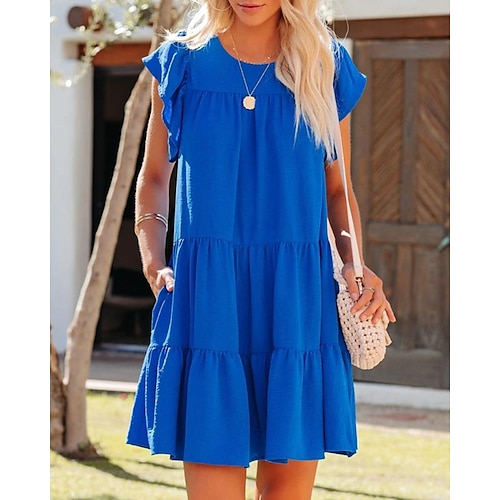 

damen a-linie kleid knielanges kleid rot kurzarm einfarbig rüsche sommer rundhalsausschnitt stylish elegant 2022 xxl