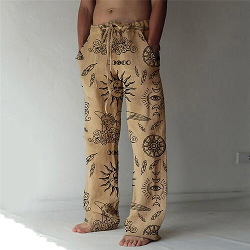 

Men's Trousers Beach Pants Straight 3D Print Elastic Drawstring Design Front Pocket Sun Graphic Prints Comfort Soft Casual Daily For Vacation Fashion Designer Khaki