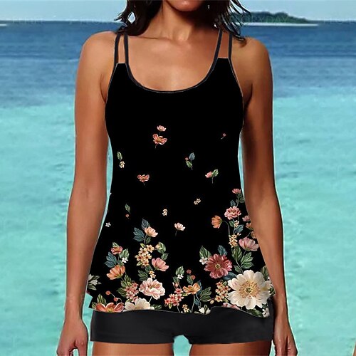 

Women's Swimwear Tankini 2 Piece Normal Swimsuit Printing Floral Black Camisole Strap Bathing Suits Sports Vacation Fashion / Sexy / Modern / New / Padded Bras