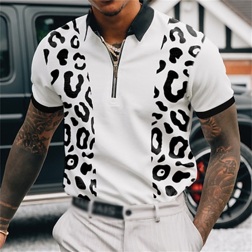 

Men's Collar Polo Shirt Zip Polo Golf Shirt Graphic Leopard Turndown White Hot Stamping Outdoor Street Short Sleeve Zipper Print Clothing Apparel Fashion Casual Breathable Comfortable / Summer