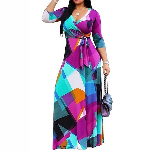 

Women's Plus Size Holiday Dress Print V Neck Print 3/4 Length Sleeve Fall Spring Casual Maxi long Dress Daily Beach Dress