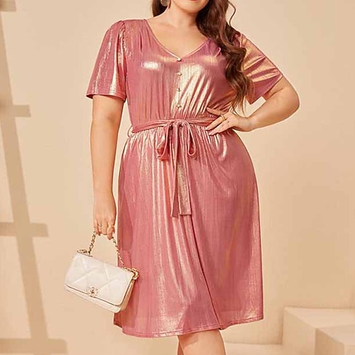 

Women's Plus Size A Line Dress Solid Color V Neck Short Sleeve Spring Summer Work Knee Length Dress Daily Date Dress