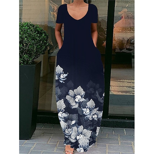 

Damen Casual kleid Etuikleid Grün Blau Purpur Kurzarm Blumen Tasche Frühling Sommer V Ausschnitt 2022 S M L XL XXL 3XL