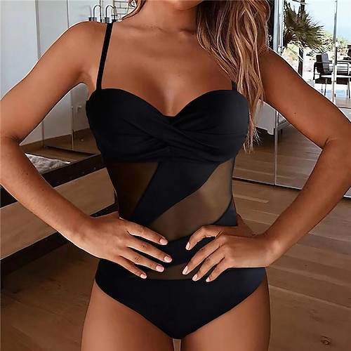 

Women's Swimwear One Piece Monokini Bathing Suits Normal Swimsuit Open Back Mesh High Waisted Pure Color Black Blue Wine Navy Blue Strap Bathing Suits Sexy Vacation Fashion / Modern / New