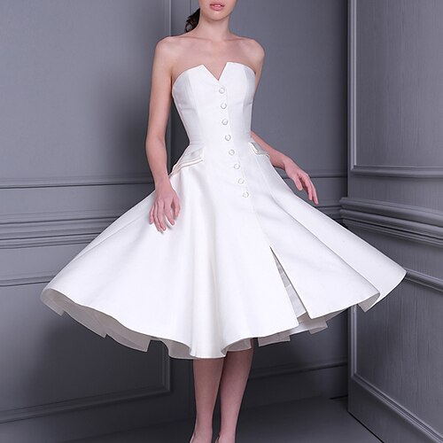 

Ball Gown Wedding Dresses Strapless Knee Length Satin Sleeveless Simple Vintage with Buttons 2022