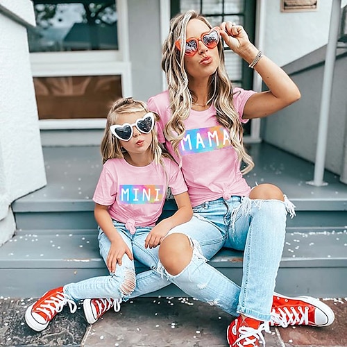 

Mommy and Me T shirt Tops Letter Daily Print Pink Short Sleeve Daily Matching Outfits / Spring / Summer / Casual