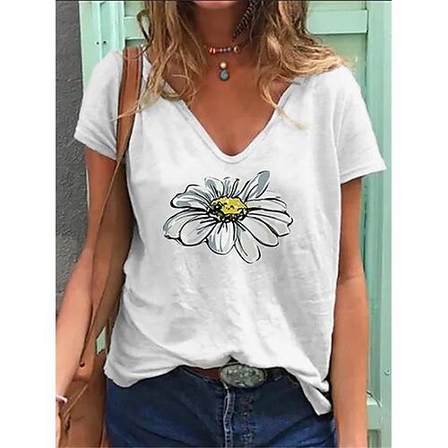 

Women's Floral Theme T shirt Floral Plants V Neck Basic Tops White