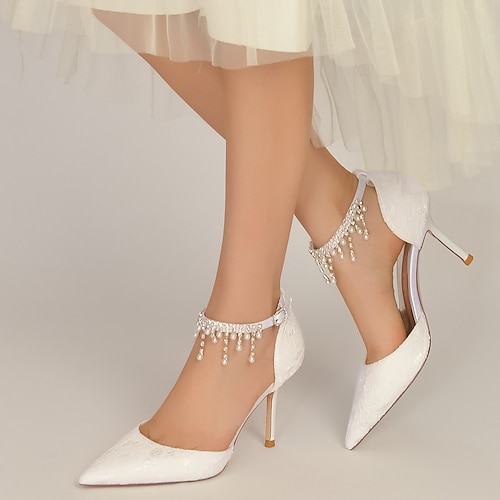 

Women's Wedding Shoes Wedding Party Dress Shoes Bridal Shoes Summer Rhinestone Pearl Stiletto Heel Pointed Toe Luxurious Classic Lace Ankle Strap Floral Embroidered Champagne Ivory White