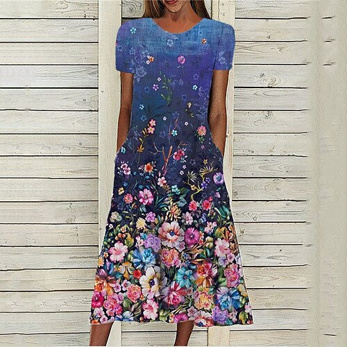 

Women's A Line Dress Midi Dress Blue Short Sleeve Floral Pocket Print Spring Summer Round Neck Stylish Casual Modern 2022 S M L XL XXL 3XL