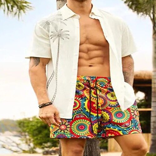 

Men's Shirt Graphic Coconut Tree Turndown Street Casual Button-Down Short Sleeve Tops Casual Fashion Breathable Comfortable White