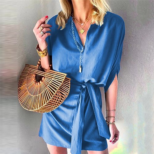 

Women's A Line Dress Short Mini Dress Green Blue Black Gray Purple Wine Short Sleeve Pure Color Lace up Spring Summer Shirt Collar Work Casual Classic 2022 S M L XL XXL 3XL