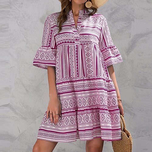 

Women's A Line Dress Short Mini Dress Blue Fuchsia Yellow Half Sleeve Striped Geometric Print Spring Summer V Neck Casual 2022 S M L XL XXL
