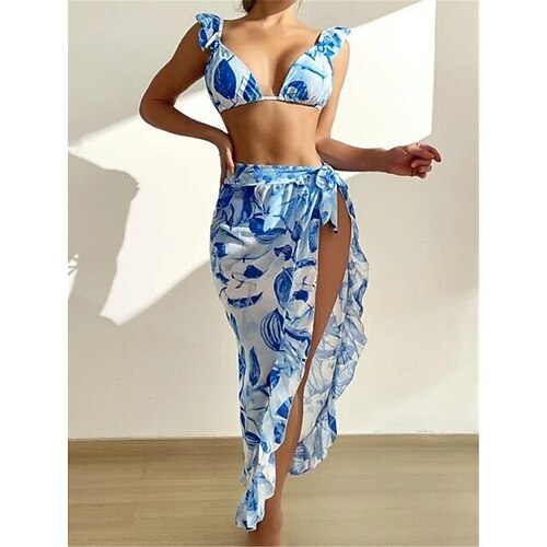

Mulheres Roupa de Banho Biquíni Três Peças Normal roupa de banho Frufru Sem costas Estampado Cor gradiente Preto Azul Vermelho Decote em V-wire Fatos de banho Sensual Férias Moda / Moderno / novo
