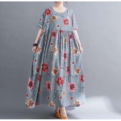 

Women's Shift Dress Maxi long Dress Blue Khaki Short Sleeve Floral Print Summer Crew Neck Vintage Linen One-Size