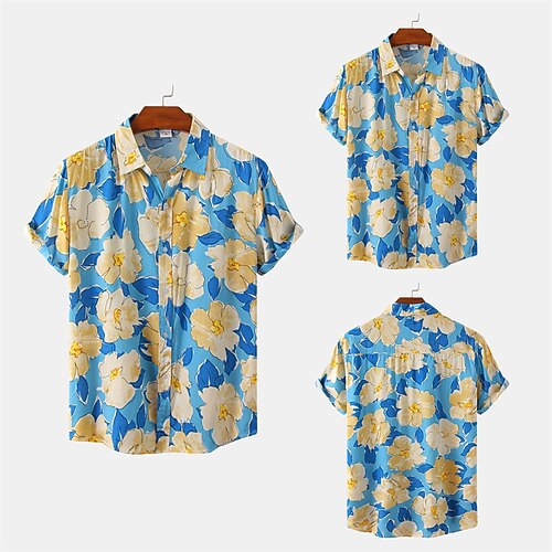

Men's Shirt 3D Print Floral Graphic Turndown Casual Daily Button-Down Print Short Sleeve Tops Fashion Classic Breathable Comfortable Blue