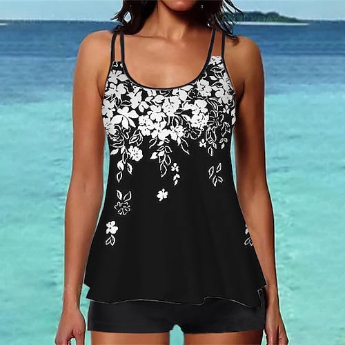 

Dame Badetøj Tankini 2 stk Normal badedragt Printer Blomstret Sort Camisole Med stropper Badedragter Sport Ferie Mode / Sexet / Moderne / nyt / BH med indlæg