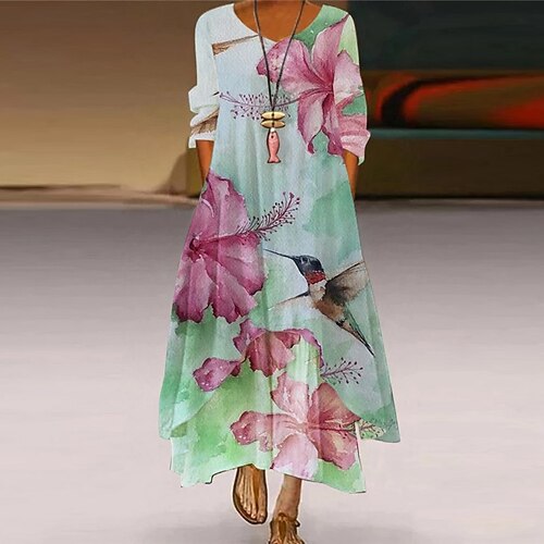 

Women's A Line Dress Maxi long Dress Green Gray Khaki Light gray Beige Long Sleeve Floral Animal Pocket Button Print Spring Summer Round Neck Elegant Casual Vacation 2022 S M L XL XXL 3XL 4XL 5XL