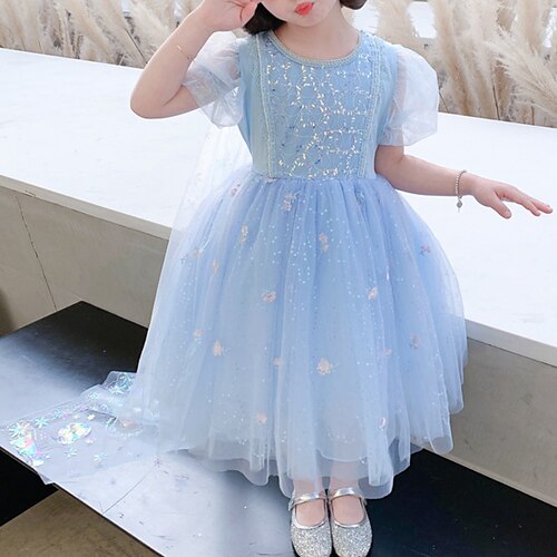 

Kids Little Girls' Dress Graphic Snowflake A Line Dress Wedding Christening dress Sequins Ruched Mesh Blue Maxi Short Sleeve Princess Cute Dresses Spring Summer Regular Fit 2# 2-8 Years