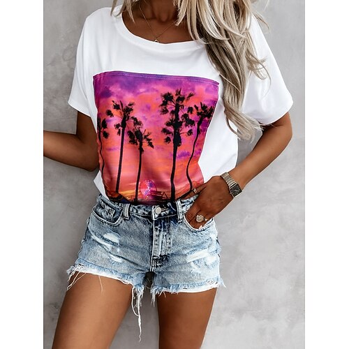 

T shirt Tee Femme Noir Blanche Violet Graphic Imprimer Manche Courte Casual Fin de semaine basique Col Rond Normal Standard Fleur Peinture S