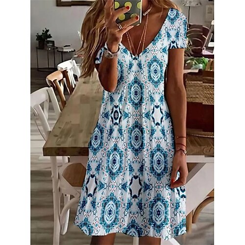 

Women's A Line Dress Knee Length Dress Blue Short Sleeve Geometric Print Spring Summer V Neck Basic 2022 S M L XL XXL 3XL / 3D Print