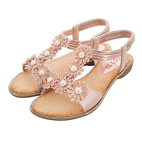 

Women's Sandals Flat Sandals Rhinestone Flat Heel Round Toe Open Toe Elegant Casual Party Beach PU Leather Elastic Band Spring Summer Solid Colored Black Rosy Pink Silver