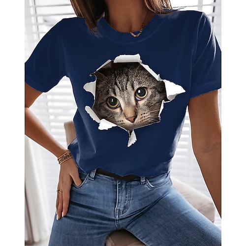 

Women's 3D Cat Painting T shirt Cat 3D Print Round Neck Basic Tops Blue White Black