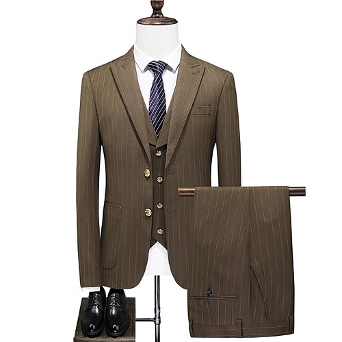 

Black Khaki Men's Wedding Business / Ceremony / Wedding Suits 3 Piece Striped Tailored Fit Single Breasted Two-buttons 2022