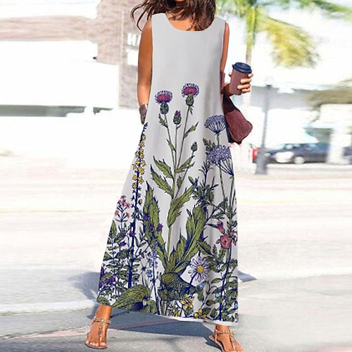 

Damen A Linie Kleid Maxikleid Grau Ärmellos Blumen Tasche Bedruckt Frühling Sommer Rundhalsausschnitt Stilvoll Alltag Urlaub 2022 S M L XL XXL 3XL