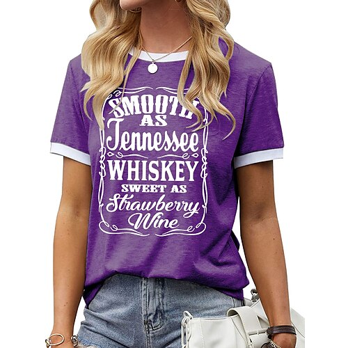 

Women's T shirt Graphic Letter Patchwork Print Round Neck Basic Tops Green Blue Black