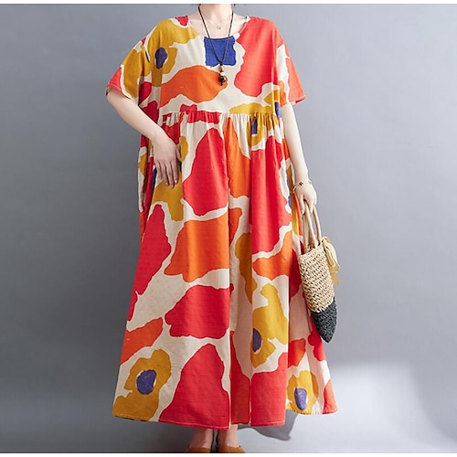 

Women's Swing Dress Maxi long Dress Green Red Short Sleeve Print Print Summer Crew Neck Vintage Linen One-Size