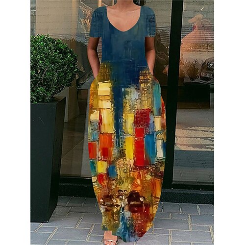 

Women's Shift Dress Maxi long Dress Navy Blue Short Sleeve Color Block Pocket Print Spring Summer V Neck Casual Vacation 2022 S M L XL XXL 3XL