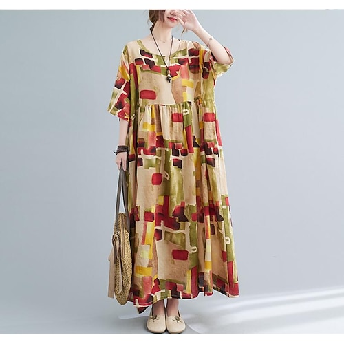 

Women's Shift Dress Midi Dress Yellow Short Sleeve Floral Print Print Summer Crew Neck Vintage Linen One-Size
