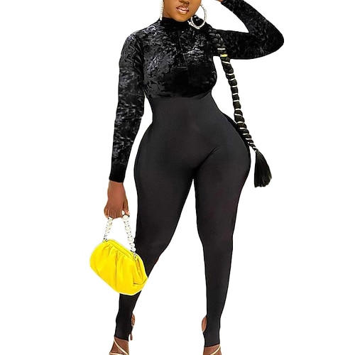 

Women's Jumpsuit Patchwork Solid Color Turtleneck Holiday Daily Holiday Regular Fit Long Sleeve Black Royal Blue S M L Spring