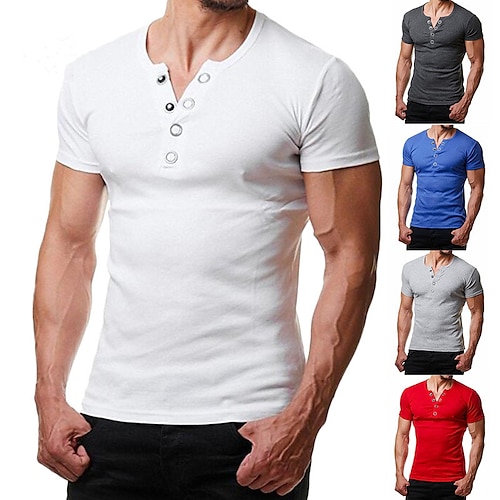 

Men's T shirt Tee Henley Shirt Solid Color Henley Blue Army Green Light gray Dark Gray Red Street Casual Short Sleeve Button-Down Clothing Apparel Cotton Casual Classic Muscle Big and Tall / Summer