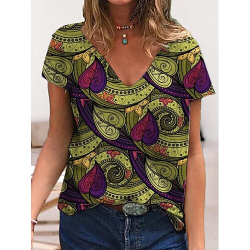 

Women's Floral Theme Geometric Painting T shirt Floral Butterfly Geometric Print V Neck Ethnic Vintage Tops Green Blue Light Green / 3D Print