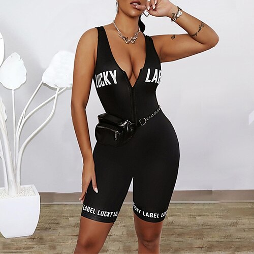 

Women's Romper Print Letter V Neck Active Home Street Regular Fit Sleeveless Black S M L Spring