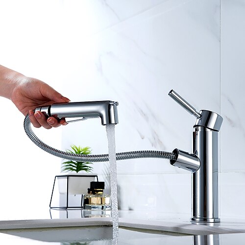 

Chrome/Black Pull Out Bathroom Faucet Single Hole Bathroom Sink Faucet with Pull Down Sprayer One Handle Modern Vanity Faucet Farmhouse Lavatory Faucet