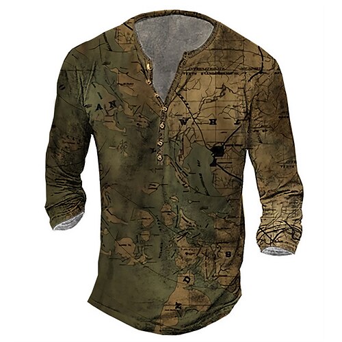 

Men's Henley Shirt Tee T shirt 3D Print Graphic Map Plus Size Henley Daily Sports Button-Down Print Long Sleeve Tops Basic Casual Classic Designer Light Brown