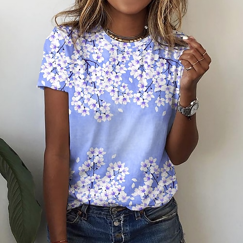 

Women's Casual Holiday Weekend Floral Painting T shirt Tee Floral Short Sleeve Print Round Neck Basic Tops Blue Purple Pink S / 3D Print