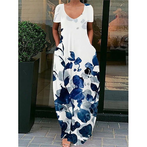 

Women's Shift Dress Maxi long Dress White Short Sleeve Floral Pocket Print Spring Summer V Neck Casual Vacation 2022 S M L XL XXL 3XL