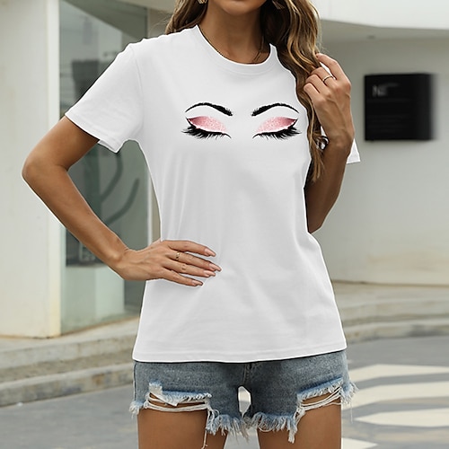 

Women's T shirt Graphic Print Round Neck Basic Tops Green Blue White