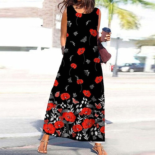 

Mulheres Vestido A Line Vestido maxi longo Preto Sem Manga Floral Bolsos Imprimir Primavera Verão Decote Redondo à moda Casual Férias 2022 S M L XL XXL 3XL