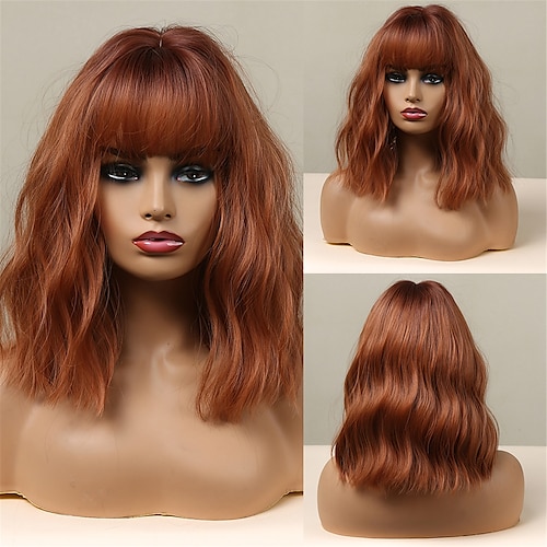 

HAIRCUBE Cosplay Bob Wig with Bangs Auburn/Ombre Brown/Pink/green/Wine/Dark Brown Synthetic Culy Wigs for African American Women Natural