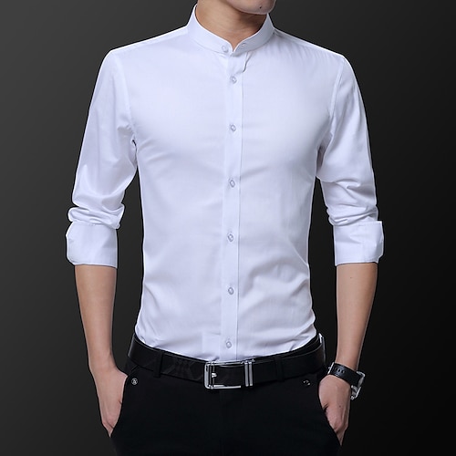 

Men's Business Shirt Regular Fit Long Sleeve Standing Collar Solid Color Cotton White Black Blue 2022 / Summer