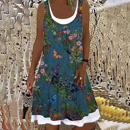 

Women's A Line Dress Knee Length Dress Leopard Purple Light Green Royal Blue Dark Blue Dark Gray Red Yellow Beige Light Blue Sleeveless Floral Fake two piece Print Spring Summer Round Neck Casual 2022