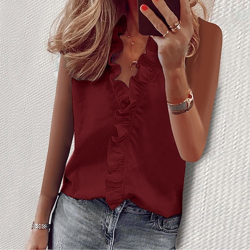 

Women's Camisole Tank Top Shirt Plain Ruffle V Neck Tops Black Gray Red